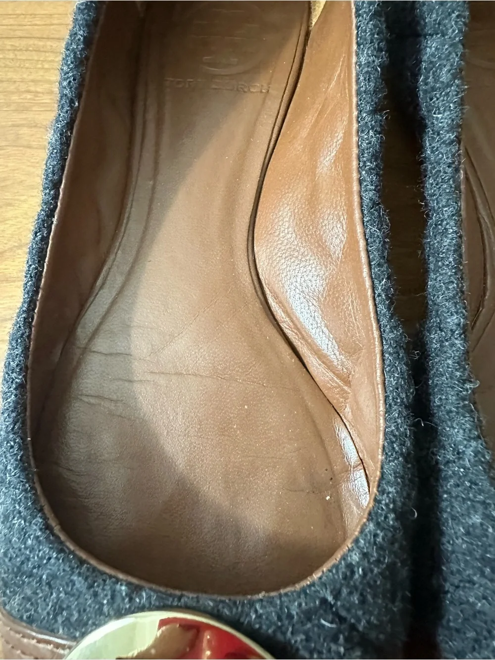 Tory Burch Two-Tone Gray Wool & Chestnut Leather Logo Parker Ballet Flats sz 8